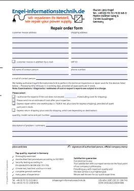 Repair Order Form for power supplies